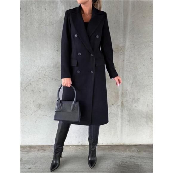 Womens Long Wool Coat Double Breasted Trench Coat Dark Blue - Picture 3 of 3